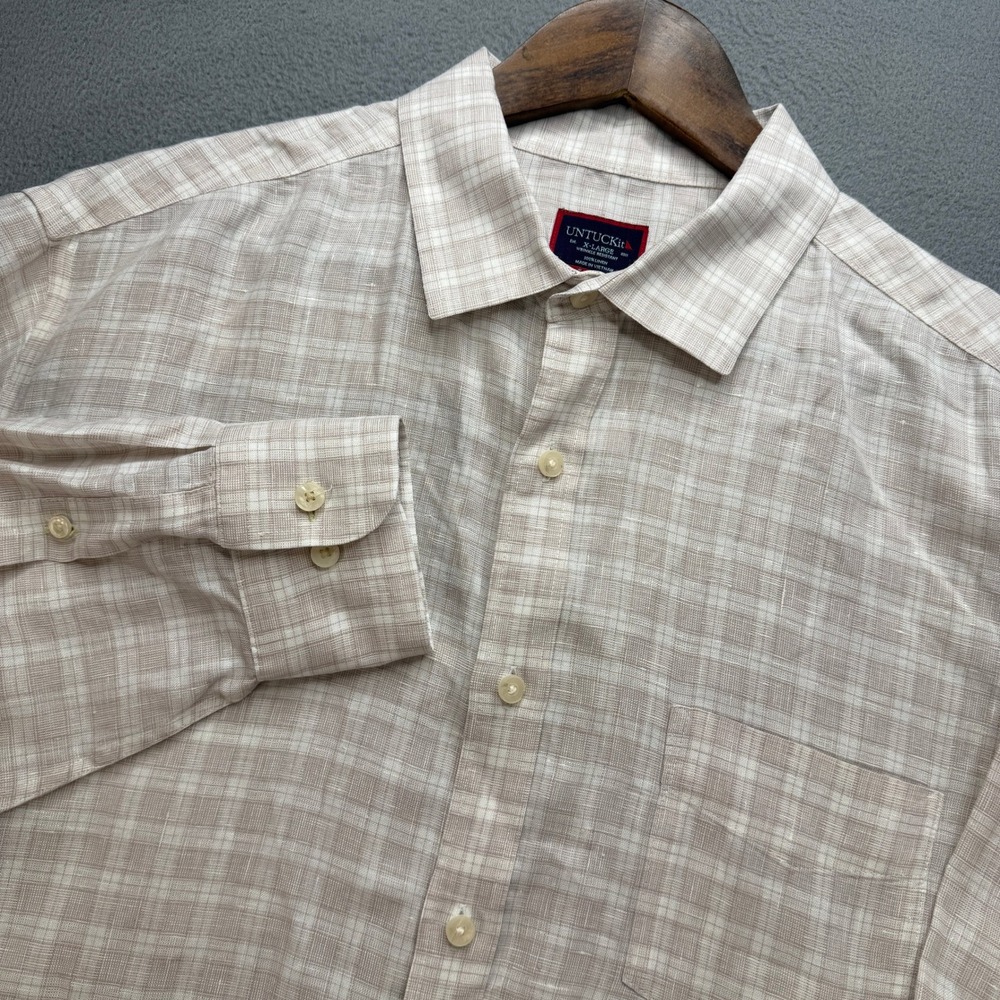 UNTUCKit Wrinkle Resistant Shirt Mens XL Beige Plaid 100% Linen Long Sleeve